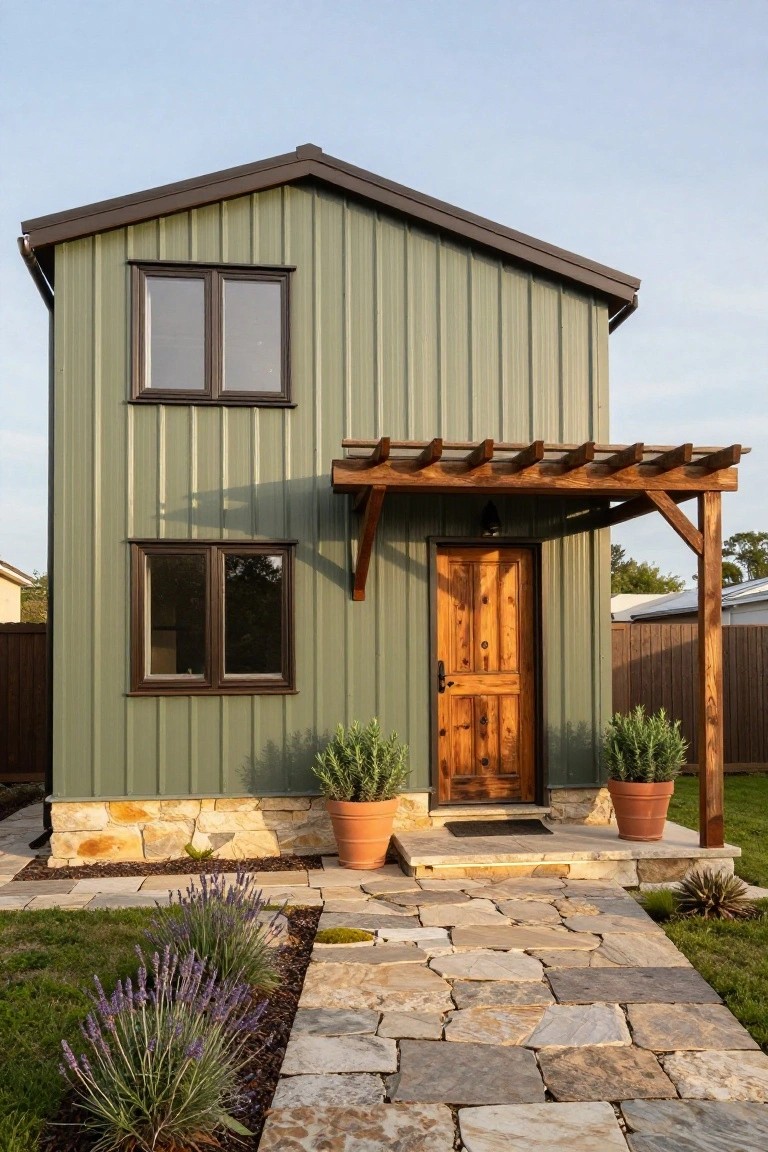 Small green corrugated metal house with brown-framed windows, wooden front door under a pergola, potted plants on stone base, and flagstone path leading to grass yard.