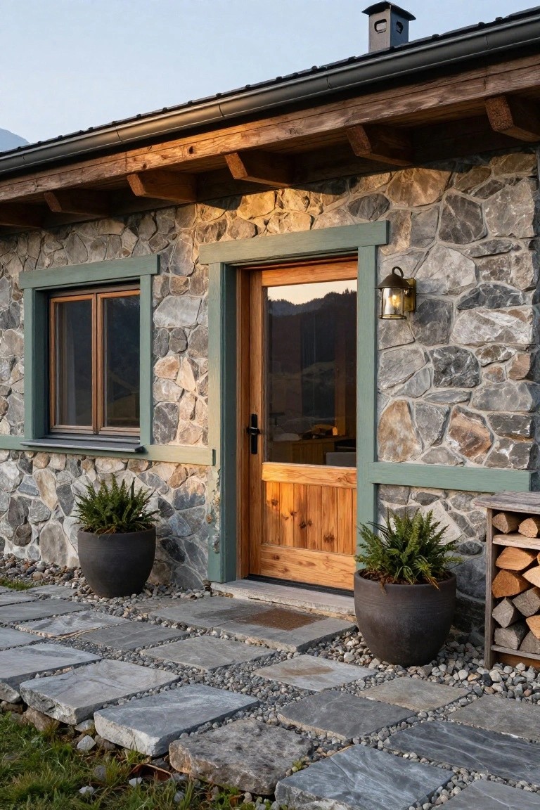 Stone exterior of a chalet-style house with green-trimmed wooden door and window, potted ferns flanking the entry, firewood stack, and stone pathway leading to it against a mountainous backdrop.