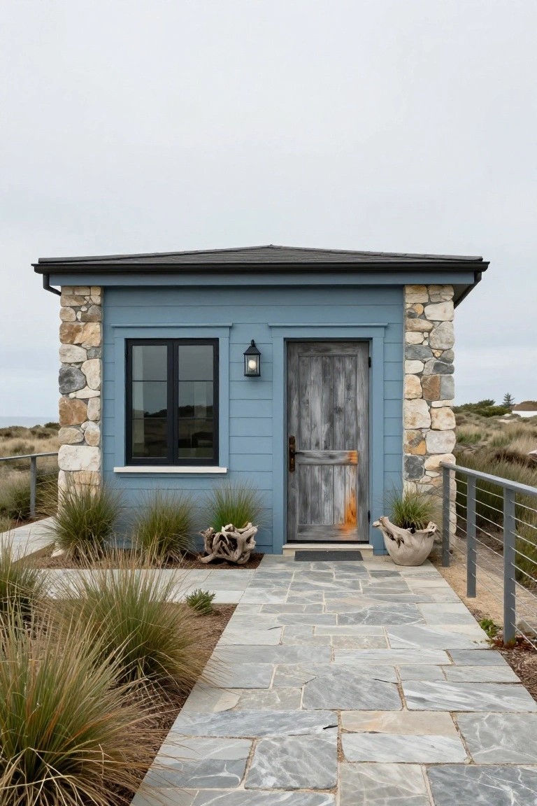 Small rectangular blue building with stone corner pillars, black-framed window, weathered wooden door, lantern light, stone paver path, potted plants, and native grasses nearby on a coastal dune landscape.