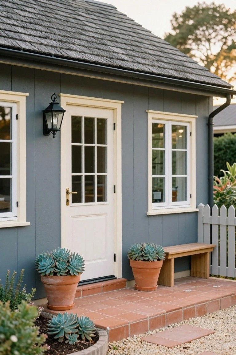 Gray clapboard house exterior with white-framed glass door and windows, black lantern light, terracotta pots holding blue-green succulents, wooden bench, terracotta steps, white picket fence, and gravel path.
