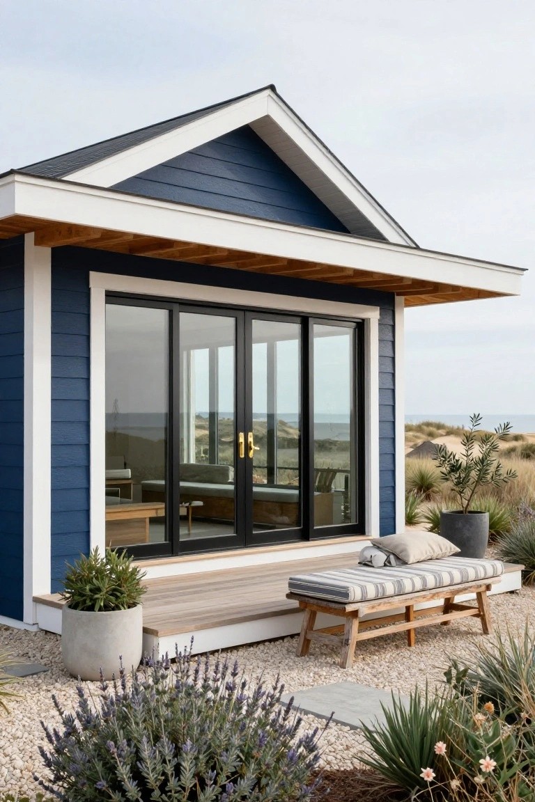 A small building with navy blue clapboard siding, white trim, black sliding glass doors, wooden deck with bench and cushions, potted plants, gravel ground cover, and dune landscape in the background.