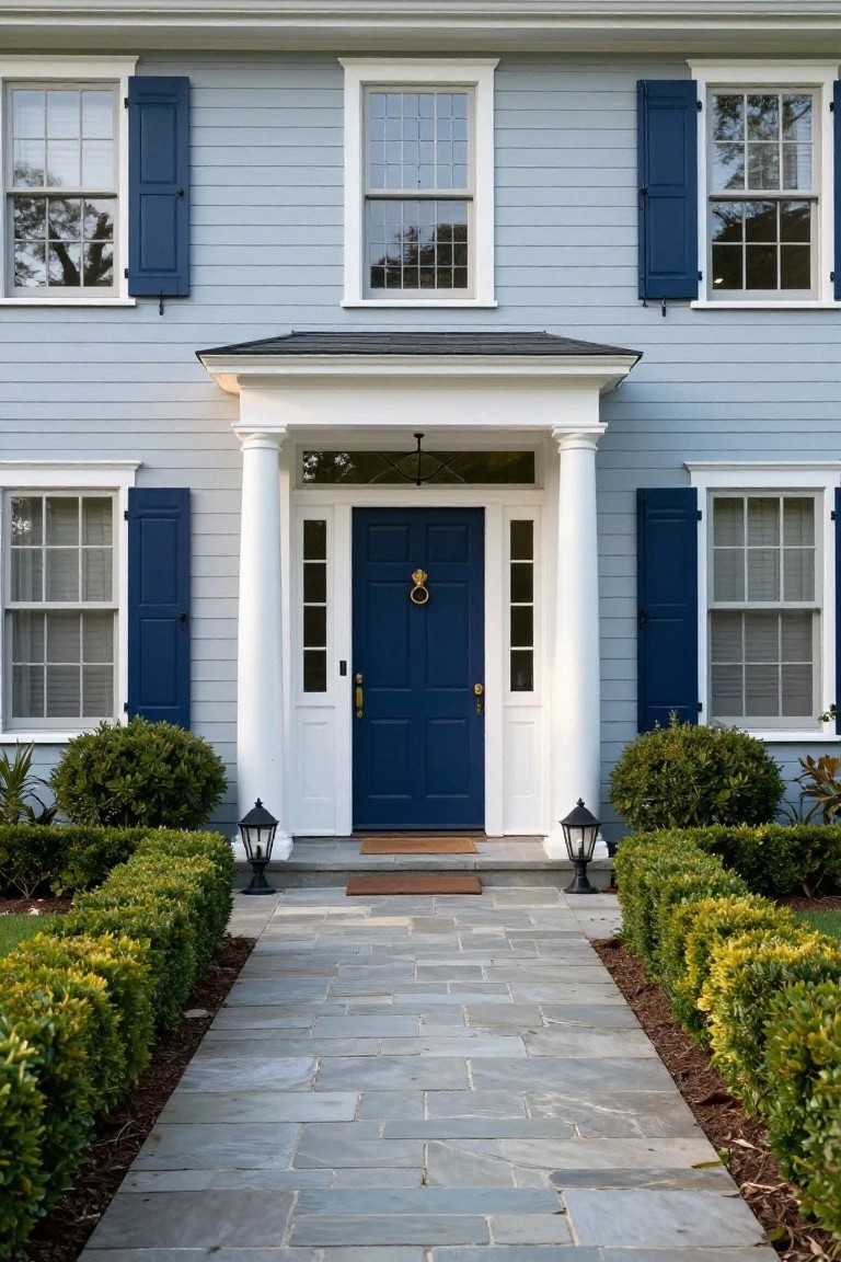 Light blue clapboard house exterior with navy blue shutters on windows, navy front door with brass knocker, white porch columns, boxwood shrubs lining a slate stone walkway, and lanterns on either side of the steps.