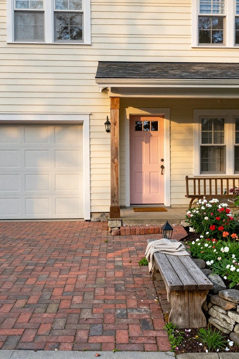 Beige clapboard house with white garage door, pink front door under a covered porch supported by wooden posts, brick paver driveway, wooden bench with folded blanket, lantern light, and flower beds along a stone wall.