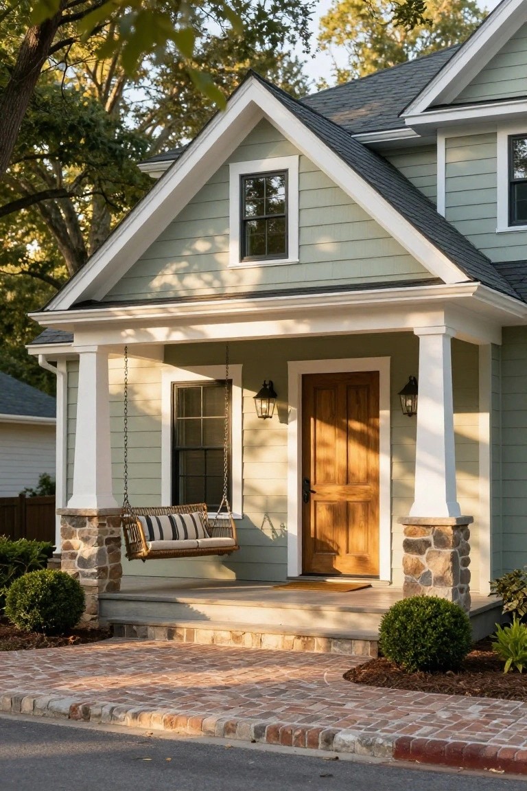 Sage green house facade with white trim, dark shingled gable roof, covered front porch with white columns on stone bases, hanging wooden swing, wooden front door flanked by lanterns, brick walkway, shrubs, and trees.