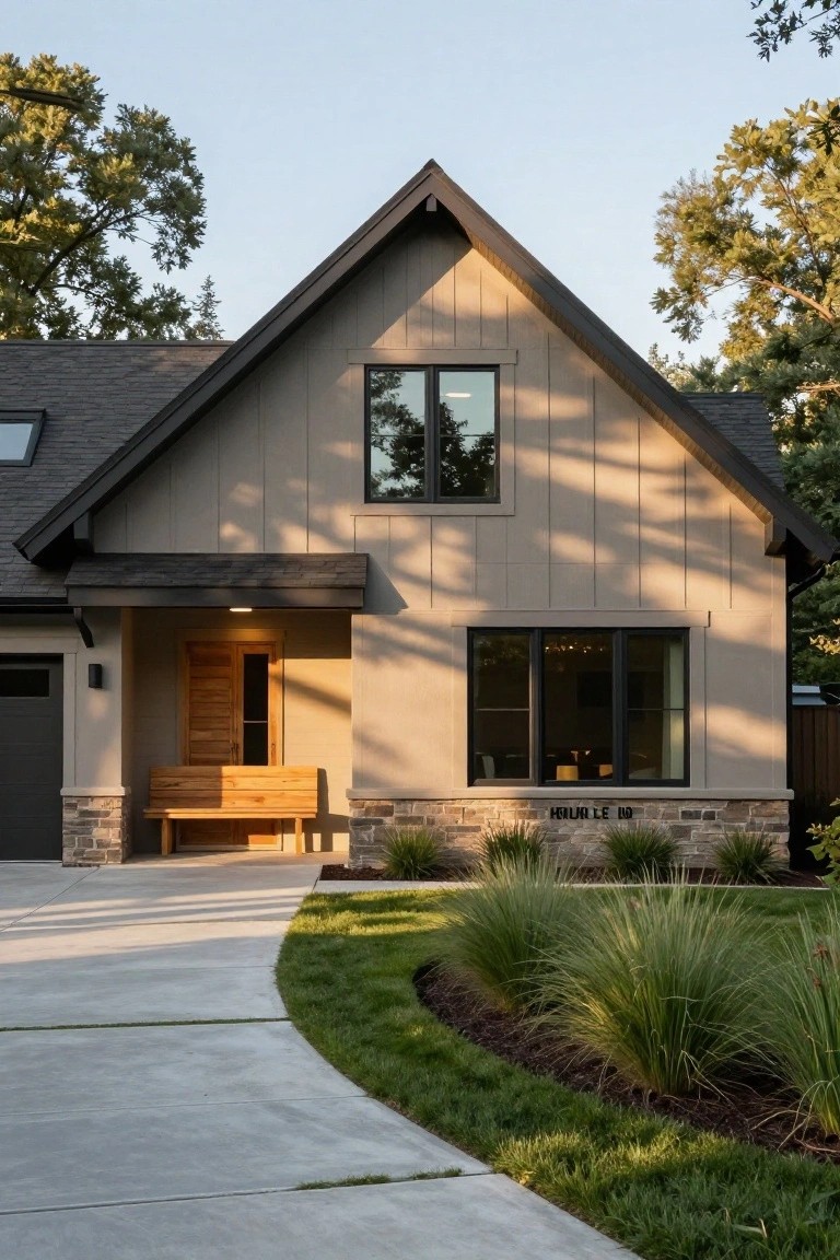 Front view of a modern two-story house with light gray board-and-batten siding, black window frames, dark gray roof, wooden front door on a covered porch, stone base accents, attached garage, curved concrete driveway, and ornamental grasses in the yard.