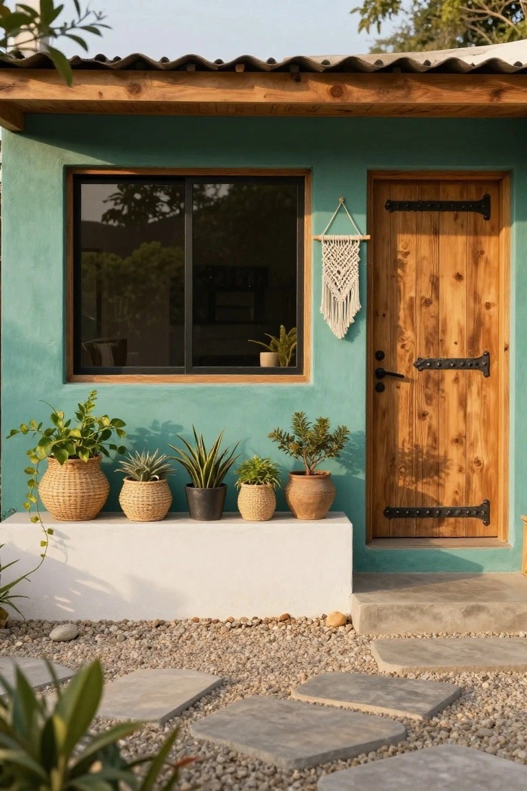 Teal-painted adobe house exterior featuring a wooden front door with black hinges, sliding window, hanging macrame, potted plants on a white ledge, and gravel stone pathway.
