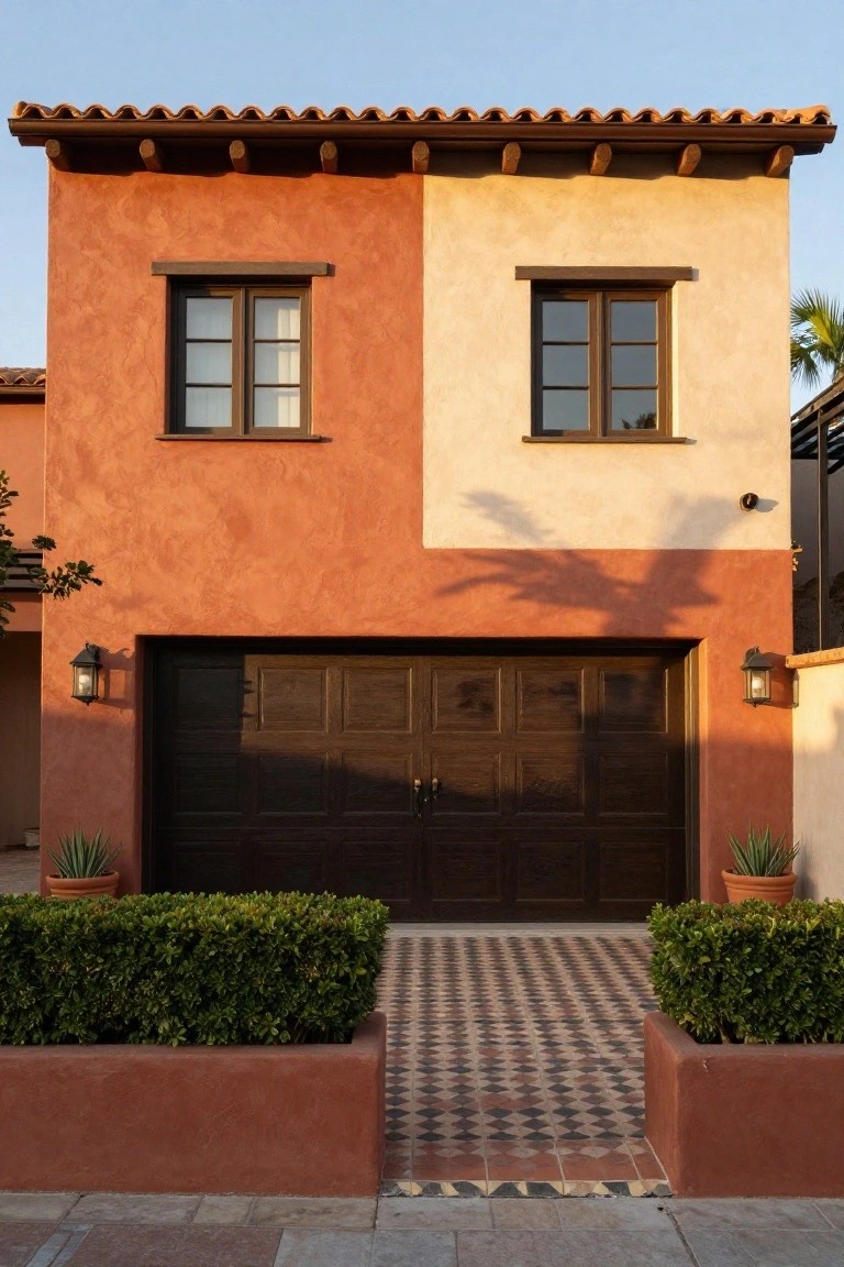 Two-tone stucco house facade with terracotta red on the left and cream on the right, dark wood double garage door, lantern lights, potted agave plants, boxwood shrubs in raised beds, and patterned tile driveway.