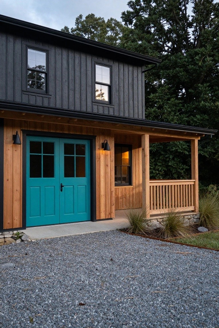 Two-story house with dark gray vertical board-and-batten siding, turquoise double doors with glass panels on the garage, wooden porch and railing on the right side, gravel driveway, and surrounding trees.