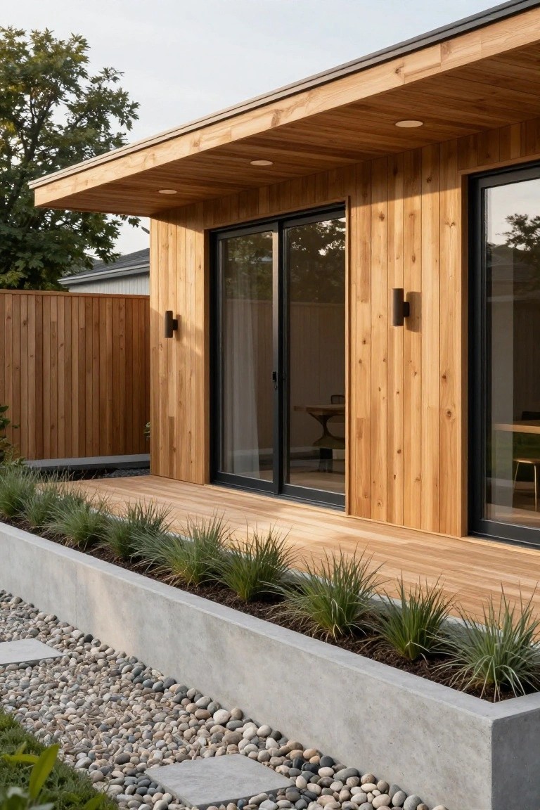 Side view of a modern house with vertical cedar wood cladding, black-framed sliding glass doors, wooden deck, concrete raised planter bed filled with grasses, pebble mulch, and a wooden fence.