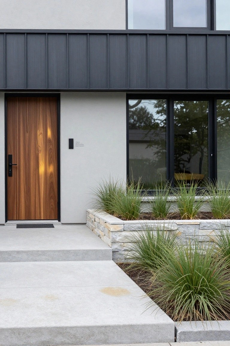 Modern house front with gray stucco walls, black metal upper cladding, a tall vertical wood door with black handle, large black-framed windows, and stone-edged planting beds filled with ornamental grasses along a concrete entry path.