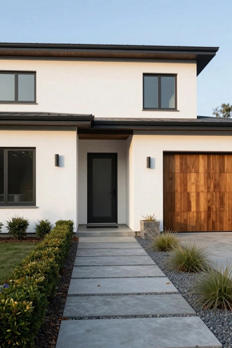 Modern house facade with off-white stucco walls, black-framed windows and entry door, horizontal wood garage door, concrete paver pathway bordered by boxwood shrubs and ornamental grasses.