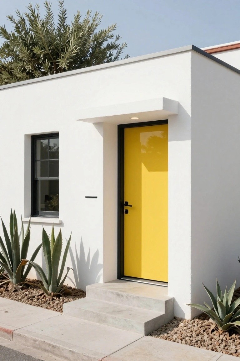 White modern house exterior featuring a glossy yellow front door with black frame, black-framed window to the side, concrete entry steps, agave plants, and gravel mulch in front.
