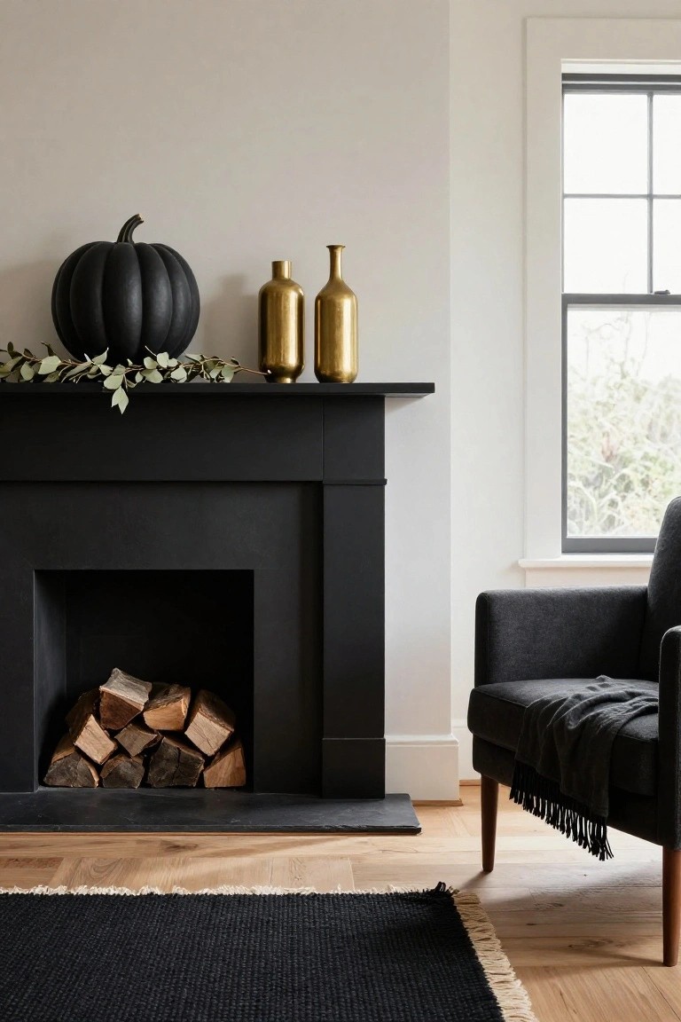 Wooden bookshelves flanking a black fireplace mantle, with shelves holding assorted brown glass apothecary bottles, books, and a black crow; mantle features stacked antique books, brass magnifying glass, black candles, and brass tray with purple velvet and skeleton keys.