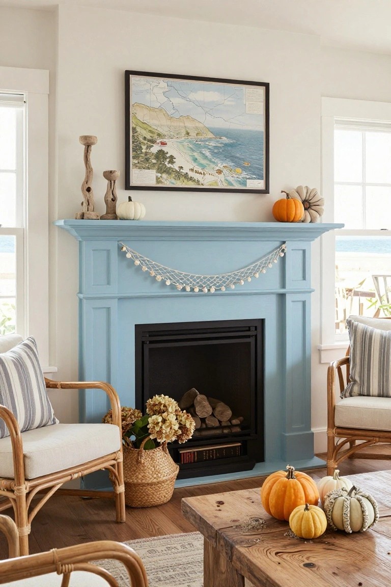 Marble fireplace mantle covered in black lace with rows of labeled glass jars containing bones, nuts, and cookies, plastic skulls, candles, dried roses in a vase, and antique brass items nearby, plus a gramophone on a red velvet chair in a dimly lit Victorian room.