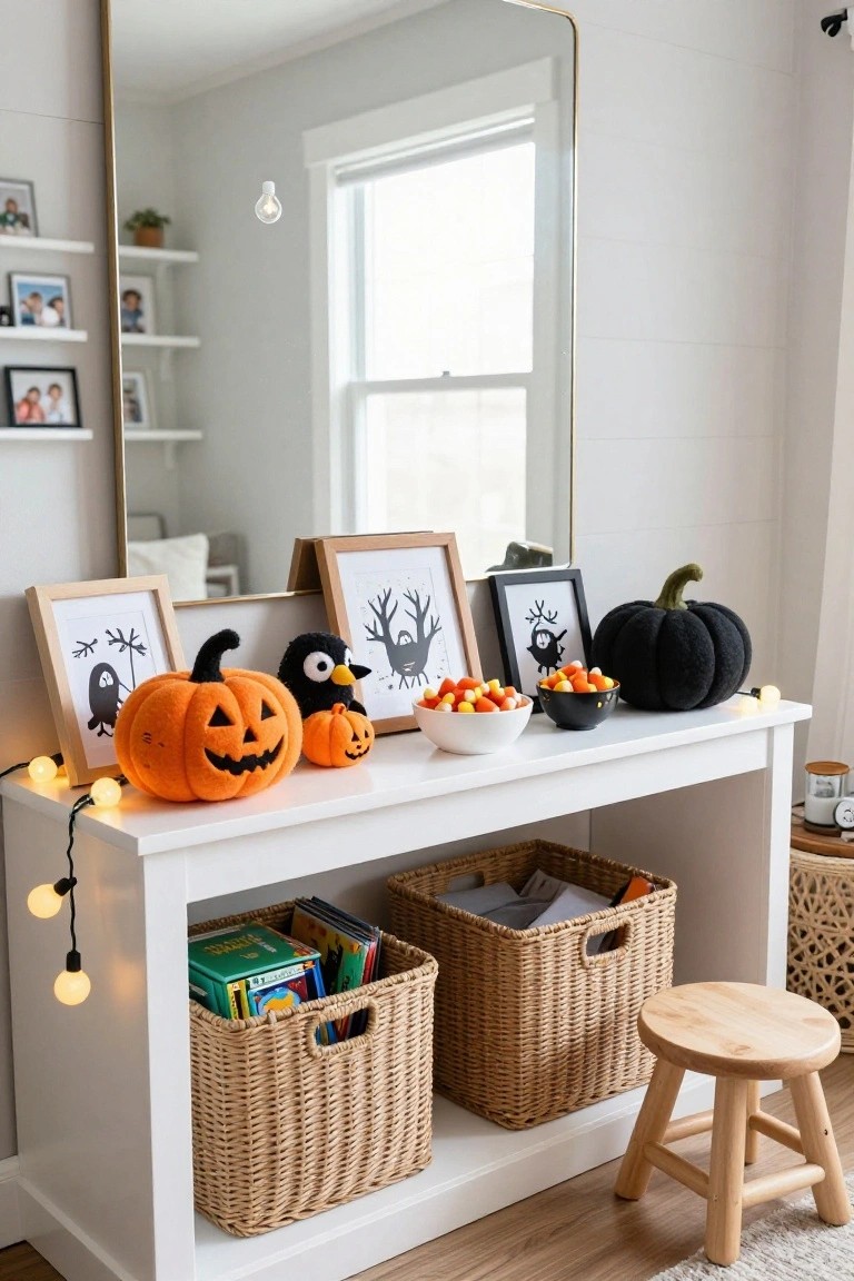 White fireplace mantel shelf holding multiple carved orange jack-o'-lantern pumpkins of varying sizes, a lit metal lantern, and smaller pumpkins, flanked by pampas grass bundles, with wooden bowls, more pumpkins, and starfish on a cushioned bench below.