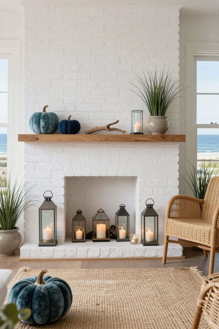 White tiled bathroom wall with upper ledge holding black pumpkin, lit pillar candles, brass bell, stone tray, and plate of dried orange slices next to a foggy window; lower shelf holds three lit pillar candles; white towel hangs on edge.