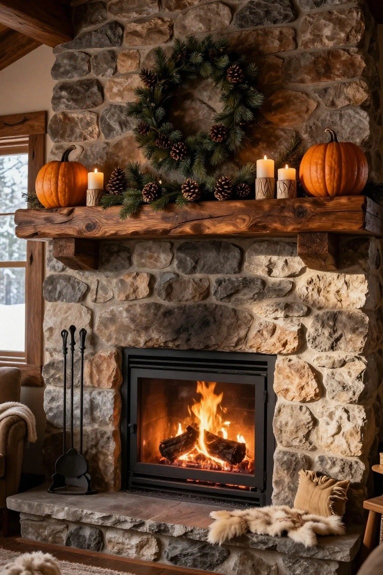 Dining room interior with dark wooden table centered under chandelier, decorated with white candles, olive branches, orange berries, silver pitcher, and linen napkins; two black pumpkins on shelf beside black marble fireplace mantle with lit candle; gray walls and large window.