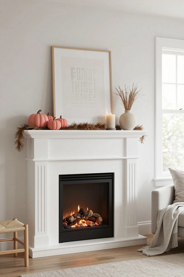 A cozy living room with a stone fireplace, wooden mantel holding a black pumpkin, brass candlesticks, and candles, large gold sunburst mirror above, flanked by leather armchairs and a coffee table with an orange pumpkin, lamp, and book.