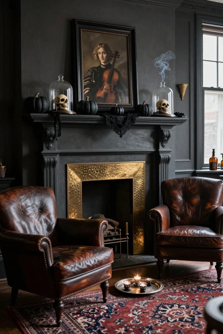 White fireplace mantel decorated with assorted orange and white pumpkins, wheat sheaves, glass bottles, a basket of gourds inside the hearth, and a framed leaf print above.
