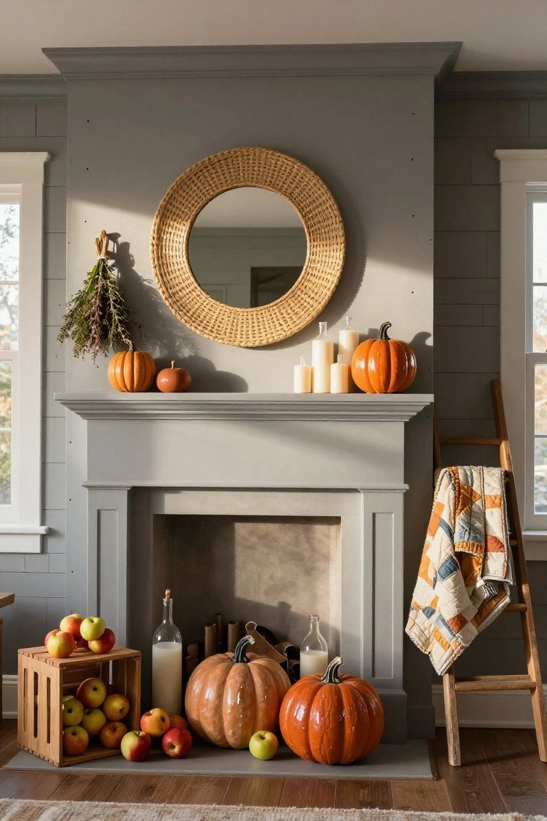 White cubby bench by a sheer-curtained window decorated with plush white ghost, orange knitted pumpkins, wooden Halloween sign, stacked books, fairy lights, knit blanket, and wicker basket on a beige rug.