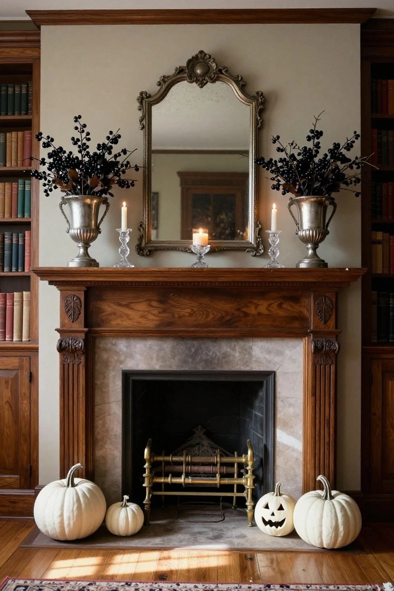 Wooden mantel above a stone fireplace with white pumpkins on the hearth, black berry branches in silver urns flanking a gold-framed mirror, crystal candlesticks with lit candles, and bookshelves on both sides.