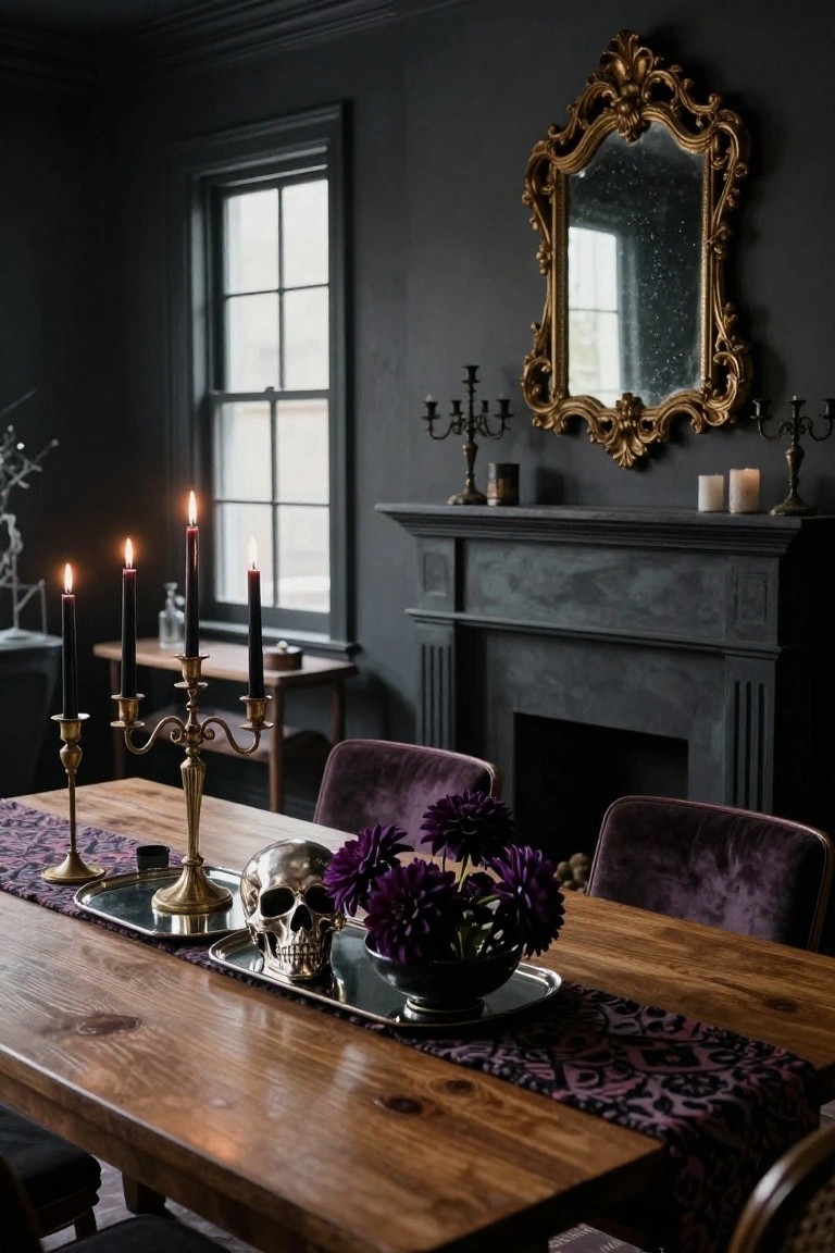 Navy blue fireplace mantel decorated with black bat garlands, colorful Halloween bunting flags, jars of orange candies, a chalkboard sign, and pumpkins in a wicker basket on the hearth.