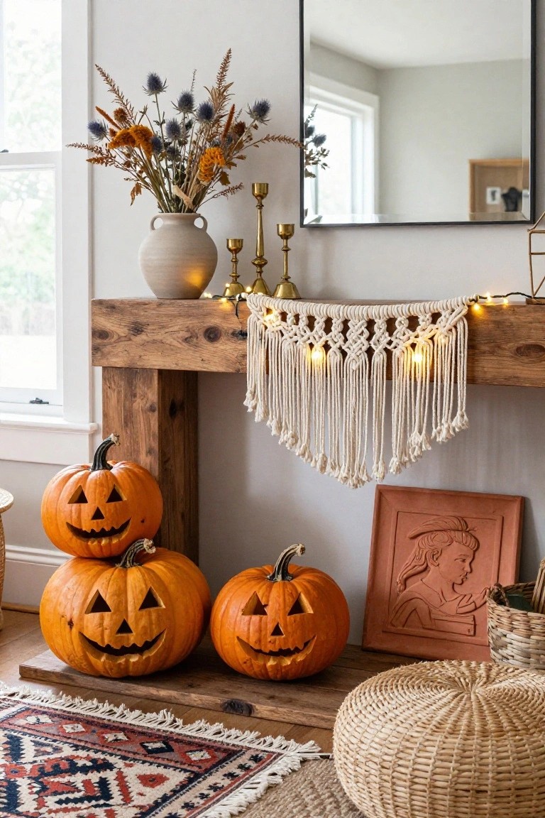 Black wood mantel fireplace against exposed brick wall, with antique mirror above, black glass bottles and candles on mantel, and pumpkins plus several skulls on the hearth below.