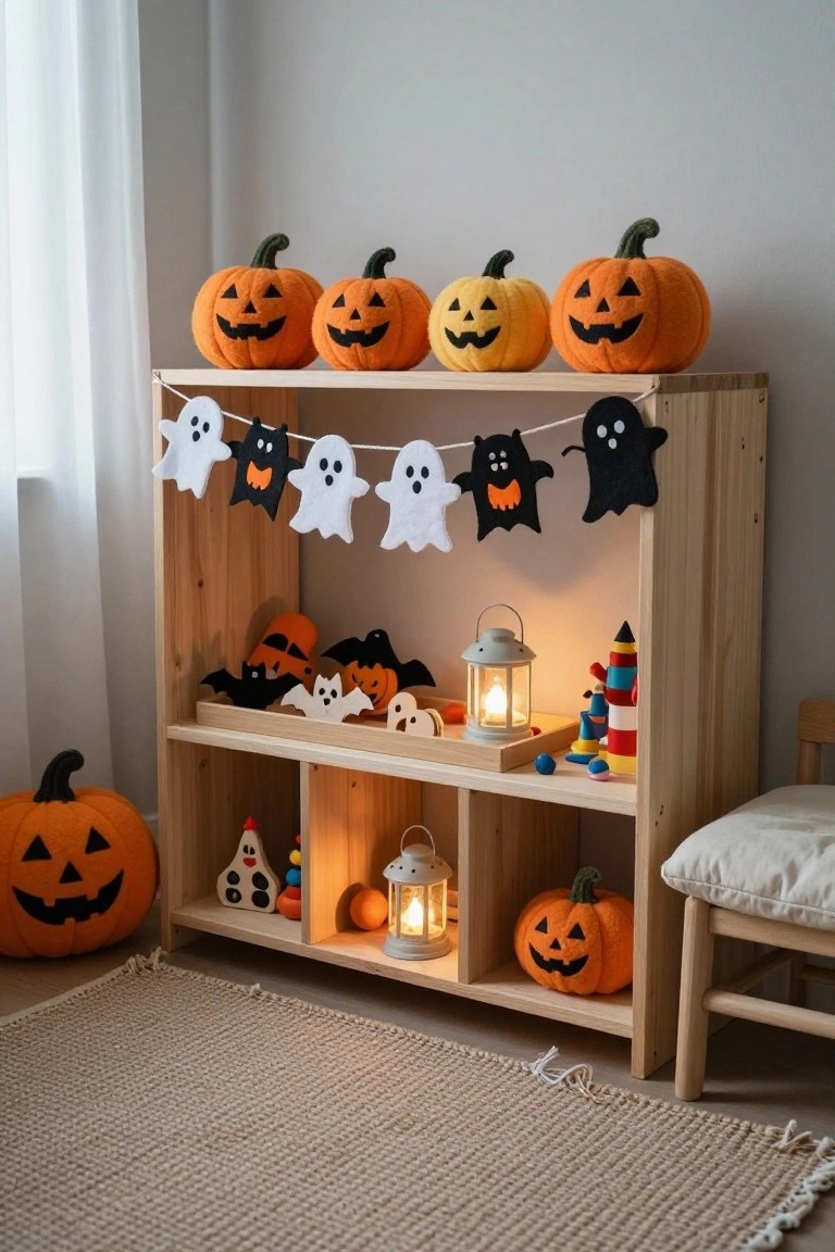 Wood beam mantel over a white fireplace with lit fire, displaying three carved orange pumpkins and pillar candles, flanked by three beige macrame wall hangings, seagrass basket of blankets and rattan table with terracotta candles nearby on wood floor with patterned rug.