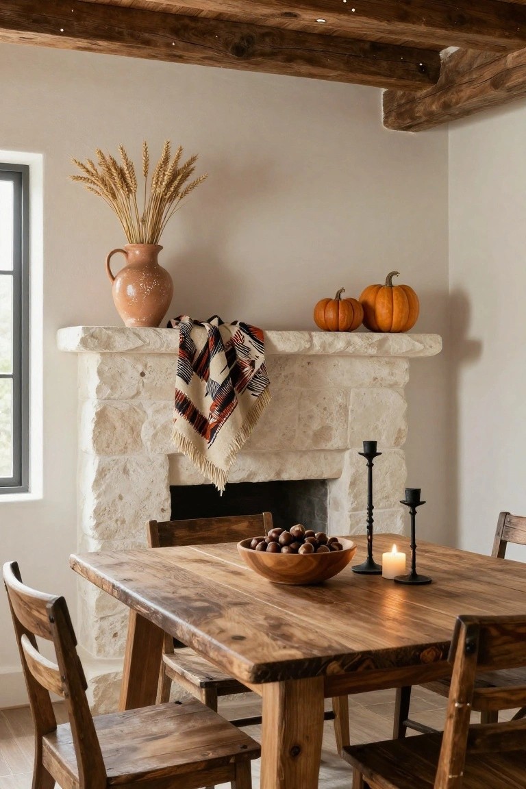 Screened porch with stone fireplace and rustic wooden mantle decorated with small pumpkins, mason jars containing fairy lights and branches, a wooden side table with another lit jar, floor pillows, seagrass rug, and view of woods through screens at dusk.