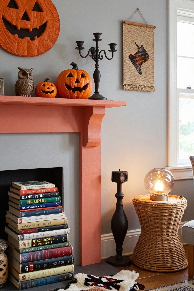 A white kitchen with wooden counters decorated for Halloween, featuring orange pumpkins and gourds on the countertop, stove, shelves, and in a wooden bowl, plus wheat stalks in a vase and a blackboard menu.