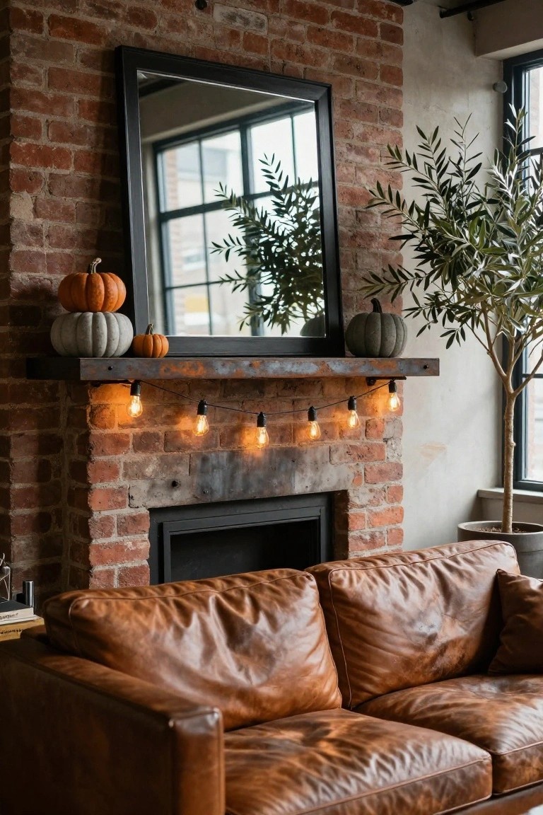 Modern living room with black marble fireplace, floating shelf above holding white skulls and orange pumpkins, brown armchair, coffee table with books and skull on light rug.