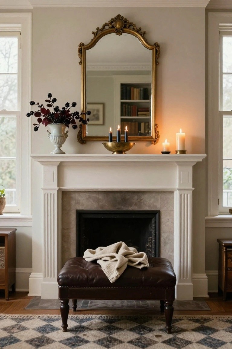 Stone fireplace mantel with wooden bookshelves on sides, decorated with two silver pitchers, small orange pumpkins, spider webs, brass lanterns, a silver tray, and a framed black silhouette portrait above the fireplace.
