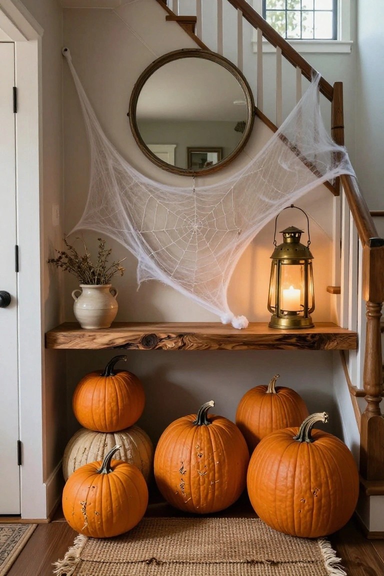 White fireplace mantel holding orange and white pumpkins, books, and linen cloth, with a wooden broom leaning beside it, large orange pumpkin and lavender bouquet in white pitcher on the wood floor nearby.