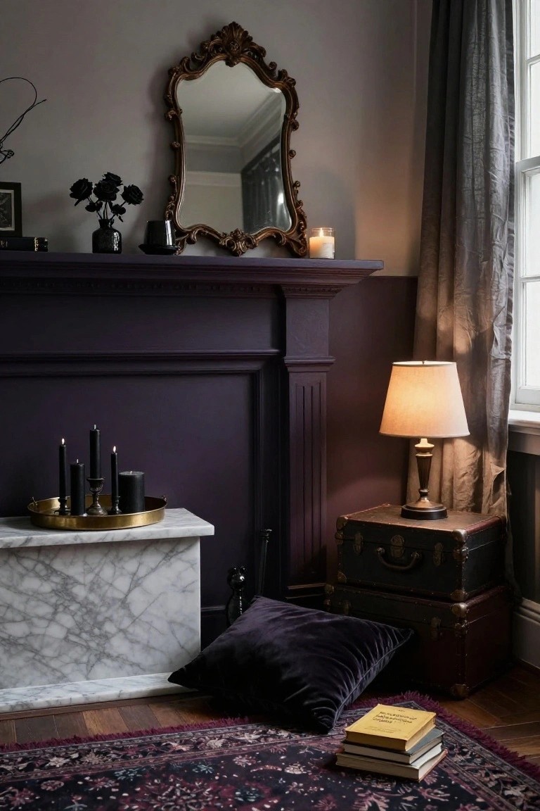 Wooden shelf holding a speckled orange pumpkin, mason jar candles with flames, bay leaves on a woven tray, stacked books, glass jars, and a draped gray knit throw, positioned near a window in a gray-walled room.