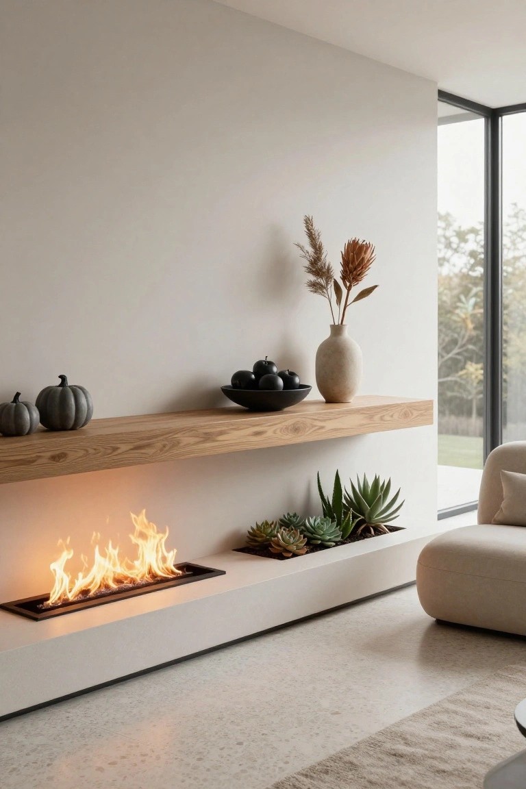 Stone fireplace mantel in a dark-paneled room decorated with orange and black pumpkins, candles in brass holders, vintage books, and dried plants, with an ornate mirror above.