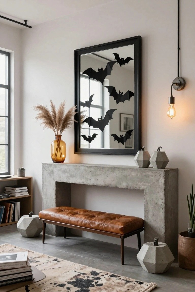 White fireplace mantel holding two white pumpkins and a black metal candle stand with taper candles, plus black berries in a glass vase inside the hearth opening, black-framed abstract print leaning against the wall, and gray linen throw on a wooden bench below.