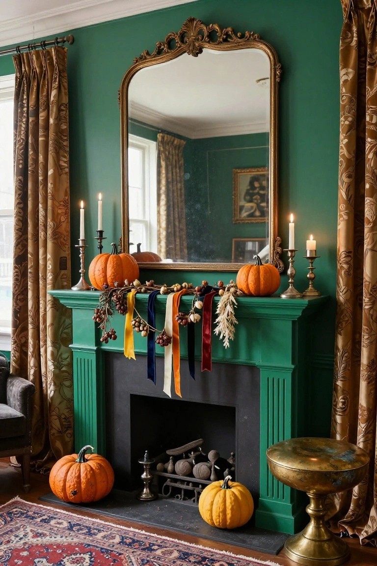 A white mantelpiece over a black firebox filled with clustered white pumpkins, flanked by candles, books, seashells, and driftwood on the hearth, with an olive tree visible through a nearby window.