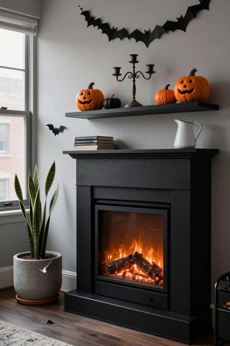 Ornate marble mantel decorated for Halloween with stacked antique books on lace, a black raven sculpture, amber glass bottles, brass lamp, and candles next to a window with red velvet curtains and black paper chain garland.