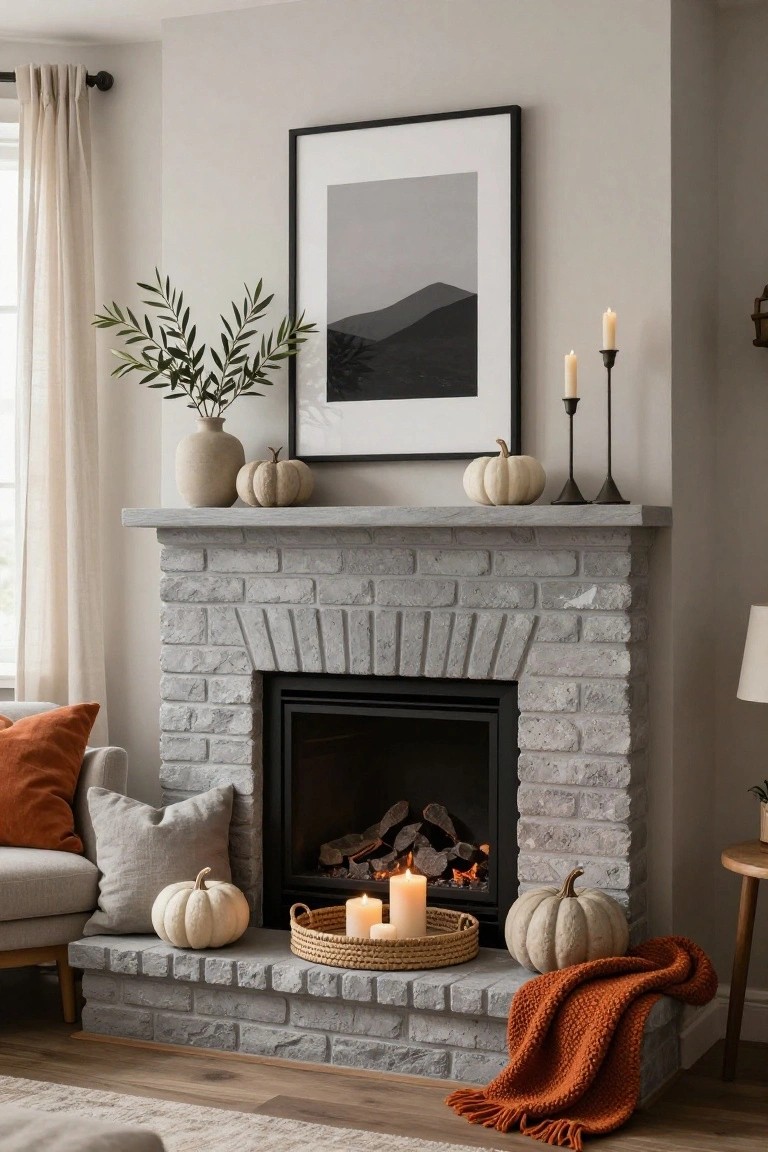 Stone fireplace mantel decorated with three black pumpkins, white vase of black eucalyptus branches, stacked books, gold skull, and candles, with a large black-framed mirror mounted above in a light gray living room.
