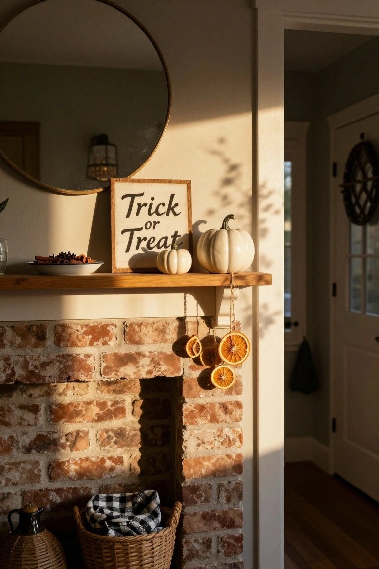 White fireplace mantel decorated with knit pumpkins, a black felt garland of stars and moons, hanging pumpkins, stuffed bears in a basket, and a rocking chair with blanket and pumpkin nearby.