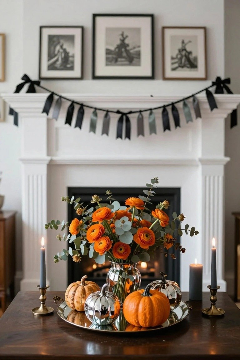 Gray interior room with fireplace mantel decorated for Halloween using driftwood garland, small carved pumpkins, glass candle holder, shells, and a large blue-striped jack-o-lantern on the floor nearby, ocean visible through windows.