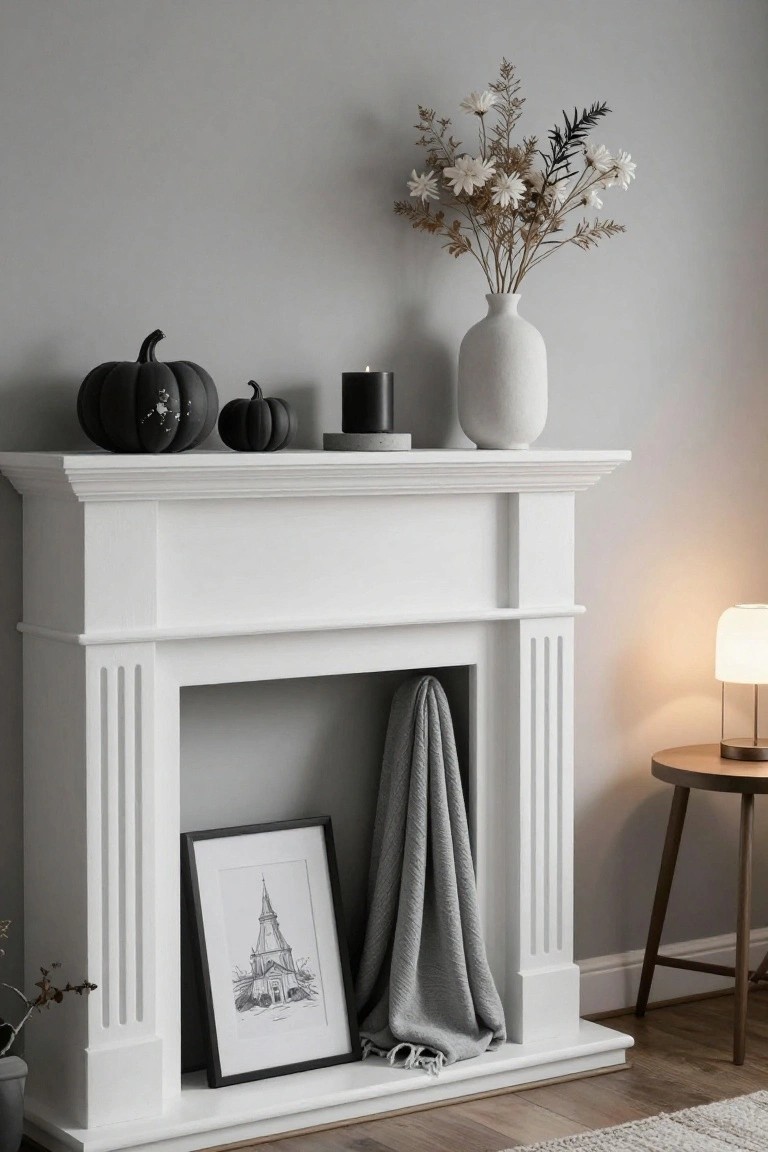 Marble fireplace mantel decorated with black roses in two silver bowls, brass candlesticks holding lit taper candles, stacked antique books, a small brass bell, and a large gold-framed mirror above flanked by a painting and black rose arrangement in a bronze urn.