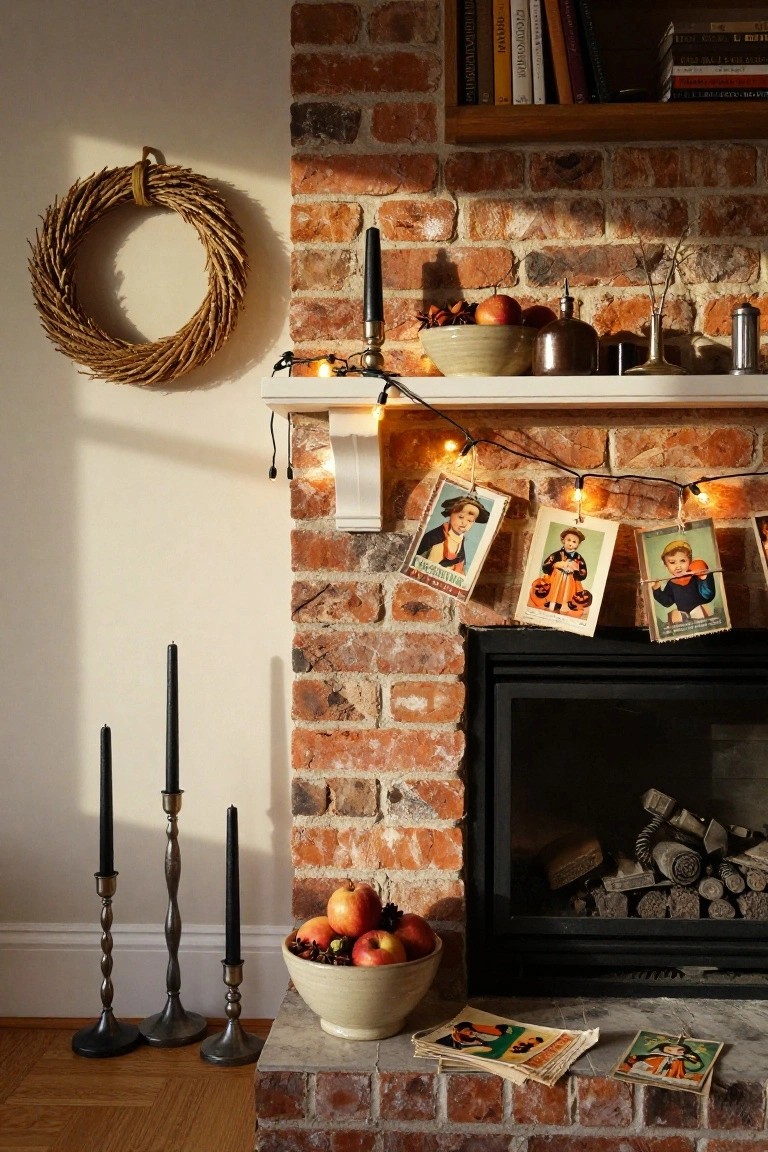 Dark wood fireplace mantel decorated with centered white pumpkin, flanked by white pillar candles on marble bases and tall glass vases containing black feathers and ferns, abstract painting above, fire burning in hearth, purple velvet sofa nearby.