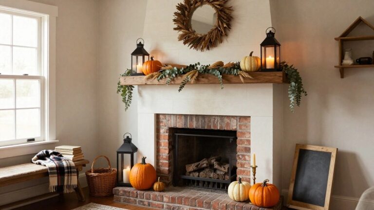 Wooden mantel over brick fireplace decorated with white and orange pumpkins, brass candelabra holding candles, framed artwork, round mirror above, leather armchair with throw nearby.