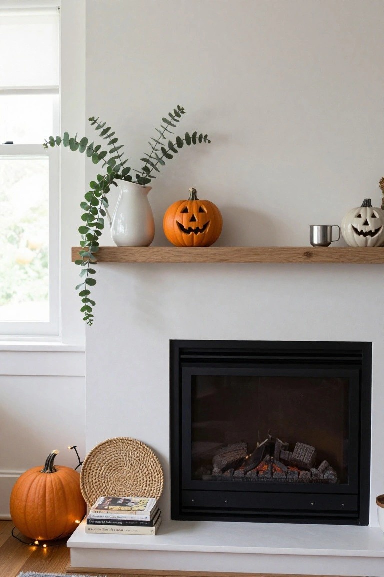 White fireplace mantel decorated for Halloween with felt bat and pumpkin garland on clothespins, small pumpkins, candles in lanterns, plush bat toy, stack of books, and wooden bowl of wrapped candies.