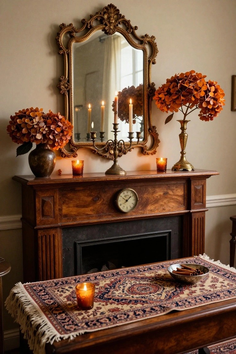 Wooden fireplace mantel decorated with clusters of amber glass bottles lit by fairy lights, dried eucalyptus greenery, additional bottles and candles on a round wooden table in front, macrame wall hanging above, and a white owl statue to the side.