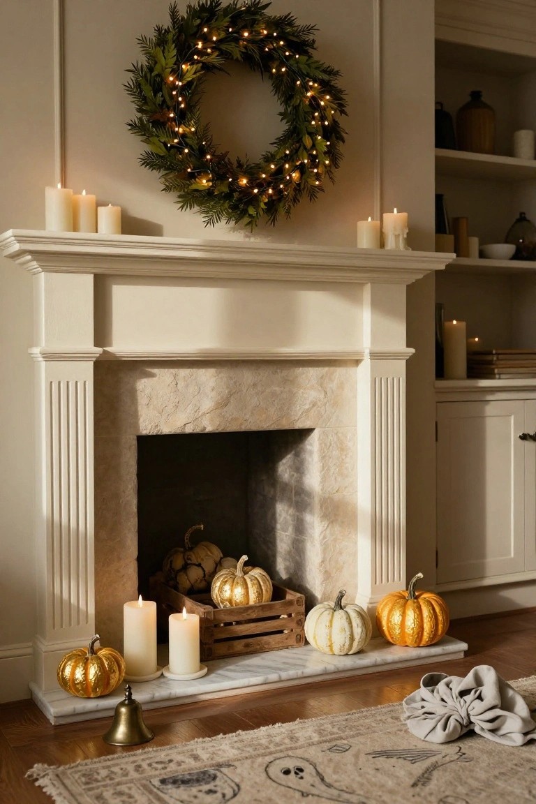 Indoor fireplace mantel with a wooden sign reading 