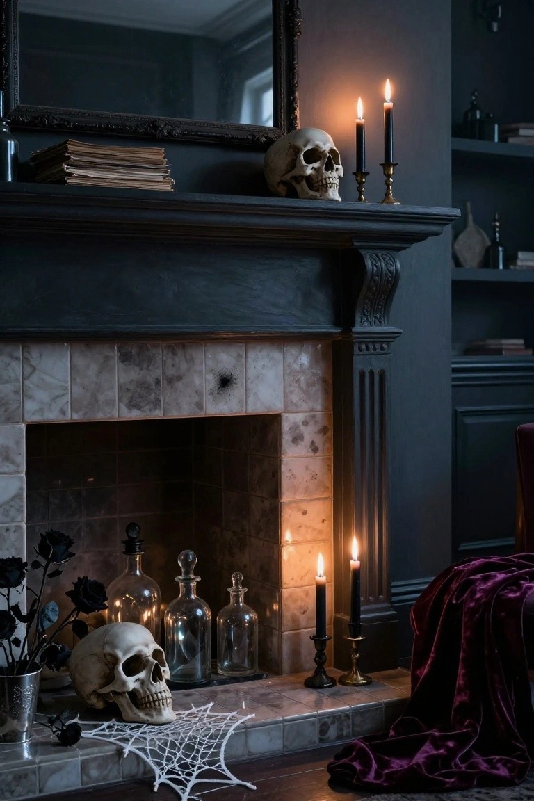 Ornate gold-framed oval mirror above a white stone fireplace mantel decorated for Halloween with black taper candles in brass holders, spider webs, jars of white orbs, a purple velvet pumpkin, and a lit beige pillar candle on a brass stand.