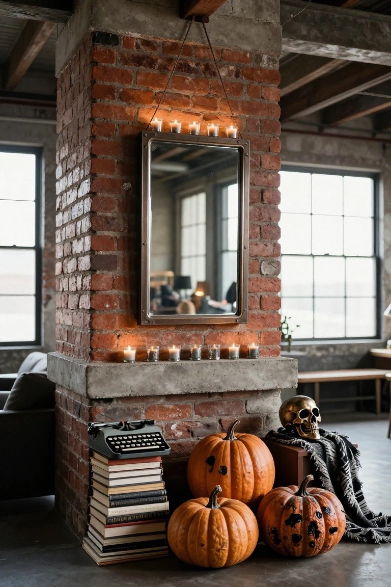 A dark floating shelf above a fireplace displays a row of lit brass candlesticks, a white skull bowl filled with small pumpkins, a black mortar and pestle with dried flowers, beside a round mirror and framed abstract artwork on a white wall.