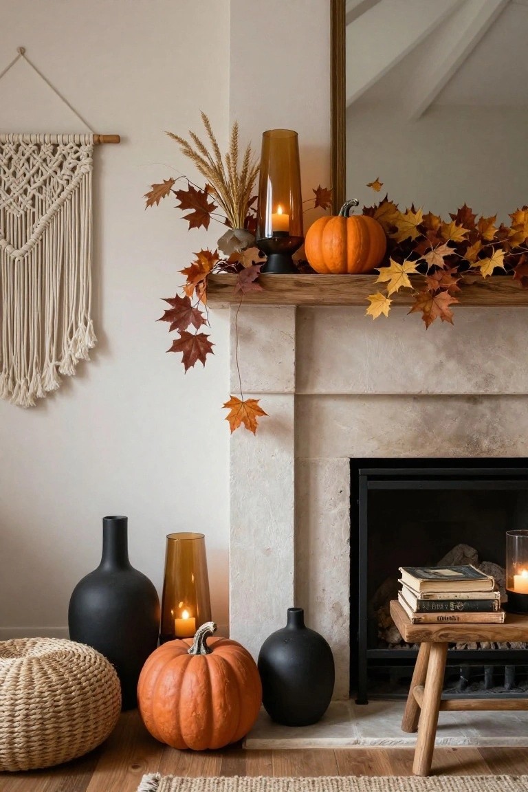 A fireplace mantel draped in white cobwebs with brass candlesticks, antique books, and a black raven statue inside the fireplace, set in a wood-paneled library room with bookshelves.